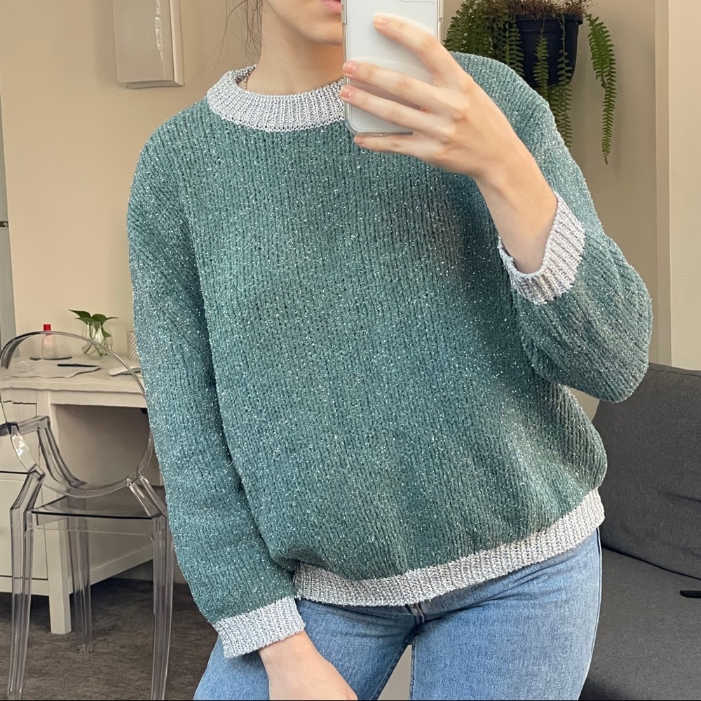 MANGO teal tinsel sweater